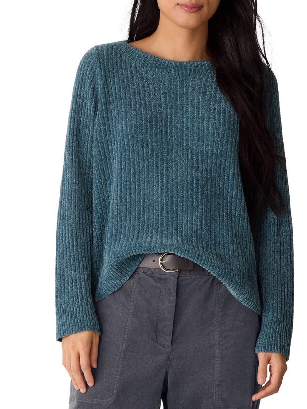 Eileen Fisher Ribbed Scoopneck Sweater in Teal Blue